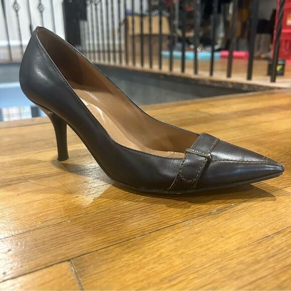 Furla Leather Dark Chocolate Brown Pointed Toe Loafer Kitten Heels, size 37 - Picture 4 of 11